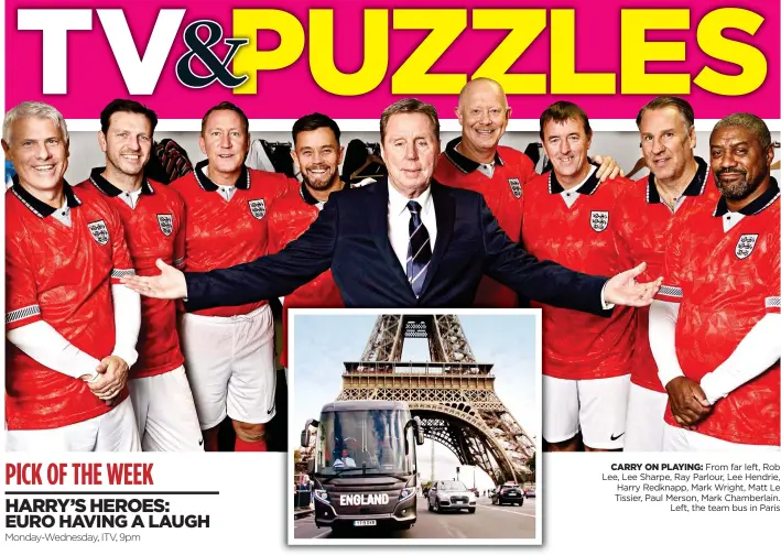  ??  ?? CARRY ON PLAYING: From far left, Rob Lee, Lee Sharpe, Ray Parlour, Lee Hendrie, Harry Redknapp, Mark Wright, Matt Le Tissier, Paul Merson, Mark Chamberlai­n. Left, the team bus in Paris