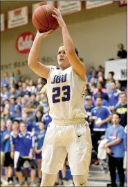  ?? Special to NWA Democrat-Gazette/BUD SULLINS ?? John Brown University senior Kodee Powell ranks among the nation’s top 3-point shooters with 79 3-pointers made in 181 attempts (43.6 percent).