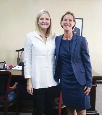  ??  ?? WOMEN’S LEAGUE . . . Youth, Sport, Arts and Recreation Minister Kirsty Coventry (left) interacts with Swedish Ambassador to Zimbabwe Sofia Calltorp after their meeting in Harare yesterday