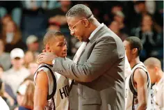  ?? Porter Binks/USA Today via AP, File ?? ■ In this Jan. 24, 1996, file photo, Georgetown head coach John Thompson talks to Allen Iverson during an NCAA college basketball game against St. John’s in Landover, Md. Thompson, the imposing Hall of Famer who turned Georgetown into a basketball powerhouse and became the first Black coach to lead a team to the NCAA men’s title, has died at age 78, his family announced through the university Monday.