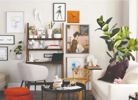  ??  ?? A family room can double as an at-home study space without lacking in style. Wooden Ladder Style Desk, $149, Homesense.ca