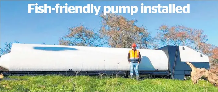  ?? Photo / Supplied ?? Waikato Regional Council project manager Richard Dodera on site last year with the new fish-friendly pump before it was installed at the Mangawhero pump station.