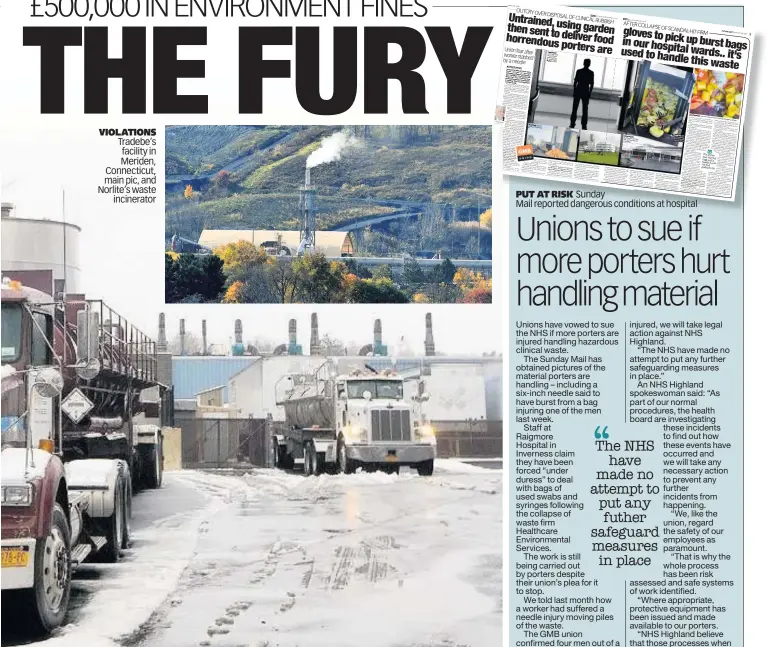  ??  ?? VIOLATIONS Tradebe’s facility in Meriden, Connecticu­t, main pic, and Norlite’s waste incinerato­r PUT AT RISK Sunday Mail reported dangerous conditions at hospital