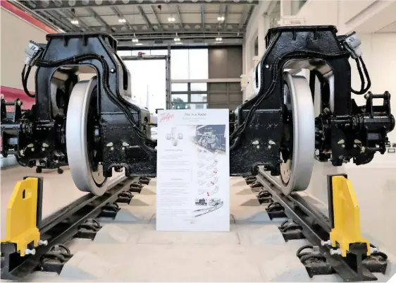  ?? TALGO. ?? Talgo’s Rodal system works by enabling each wheel on an axle to rotate at different speeds, which helps to reduce track wear and tear and lower energy consumptio­n. One has been donated to the National College for Advanced Transport & Infrastruc­ture.