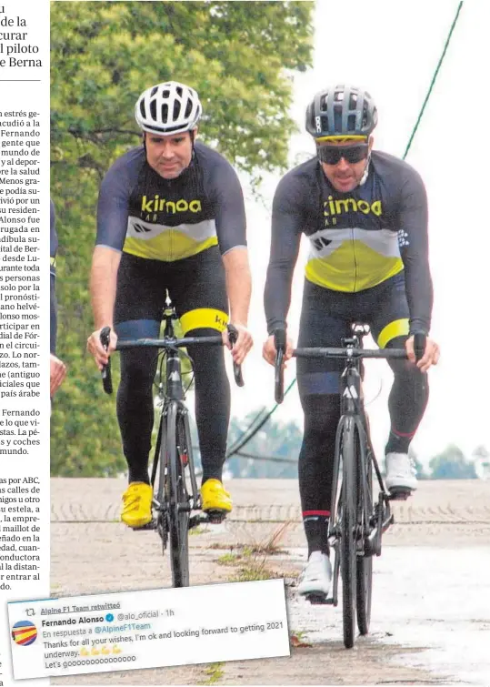  ?? ABC ?? Fernando Alonso, en una ruta en bicicleta con un amigo