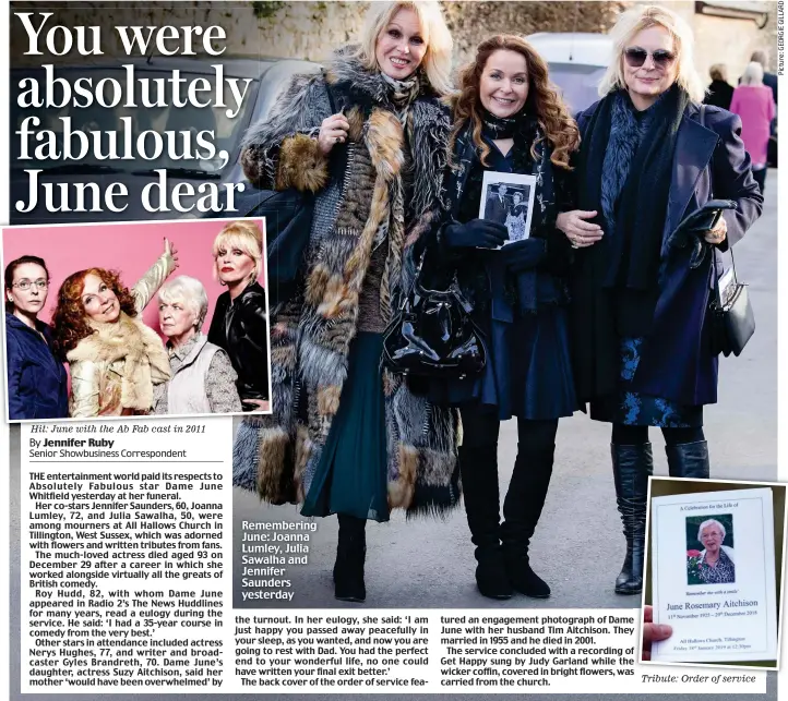  ??  ?? Rememberin­g June: Joanna Lumley, Julia Sawalha and Jennifer Saunders yesterday