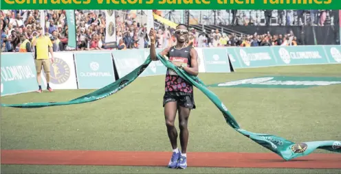  ?? PICTURES: MOTSHWARI MOFOKENG/AFRICAN NEWS AGENCY (ANA) ?? FOCUSED: Bong’musa Mthembu at the finish line of the Comrades Marathon in Durban yesterday. Mthembu has also won the iconic race previously.