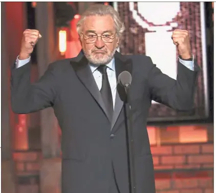  ?? — AP ?? Fighting words: De Niro gesturing while introducin­g a performanc­e by Springstee­n at the 72nd annual Tony Awards at Radio City Music Hall in New York.