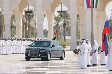  ?? Ministry of Presidenti­al Affairs ?? Russian President Vladimir Putin’s Aurus Senat limousine arrives at Qasr Al Watan, Abu Dhabi, yesterday