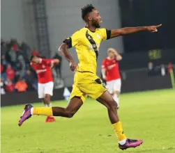  ??  ?? MACCABI NETANYA forward Didier Kougbenya celebrates after scoring the winner in last night’s 1-0 victory over Hapoel Beersheba in Premier League action.