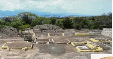  ?? — AP ?? Sacred area: The Ndachjian– Tehuacan site where experts have identified the first known temple to the Flayed Lord. (Inset) A skull-like carving depicting the deity found from the site.