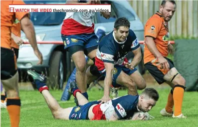  ?? PHOTO: KEVIN FARMER ?? ON THE SPOT: Warwick’s Brandon Vaughan jumps on a loose ball to score a try against Souths at Herb Steinohrt Oval.