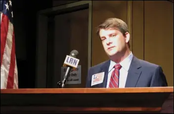  ?? ASSOCIATED PRESS FILES ?? Luke Letlow, R-Louisiana, chief of staff to exiting US Rep. Ralph Abraham, speaks after signing up to run for Louisiana’s 5th Congressio­nal District in July. Lutlow Tuesday of complicati­ons related to COVID-19. He was 41.