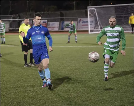  ?? Photo by Domnick Walsh / Eye Focus ?? James Duggan, Dingle Bay Rovers in action against James Sugrue, Killarney Celtic during their Denny Premier A match in Mounthawk Park, Tralee last week