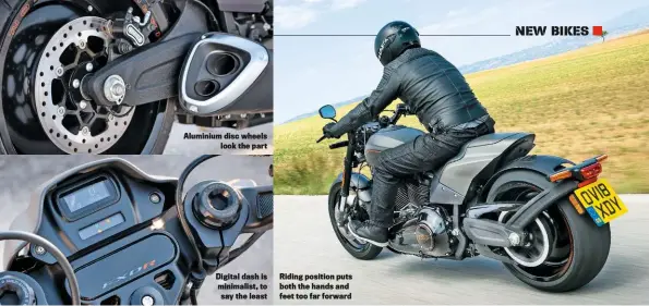  ??  ?? Aluminium disc wheels look the part Digital dash is minimalist, to say the least Riding position puts both the hands and feet too far forward