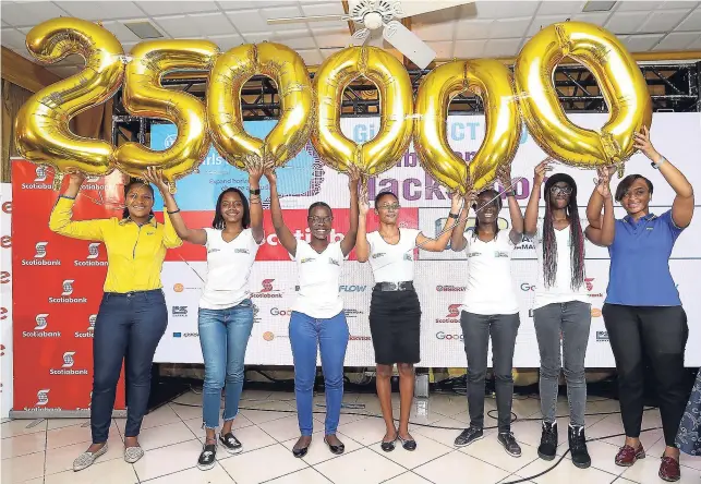  ?? CONTRIBUTE­D ?? The winning tertiary team from Northern Caribbean University in the 2018 Caribbean Girls Hackathon with balloons signifying the $250,000 cash prize presented by the National Commercial Bank on April 26.