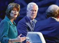  ?? Michael Wyke / Contributo­r ?? Sen. Lisa Murkowski, R-Alaska, with Sen. John Cornyn, R-Texas, at CERAWeek by IHS Markit in 2018.