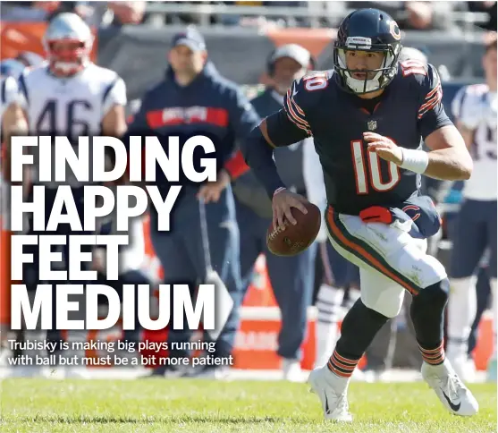  ?? JEFF HAYNES/AP ?? Bears quarterbac­k Mitch Trubisky has 181 yards — 53 against the Bucs, 47 against the Dolphins and 81 against the Patriots — on 17 carries in the last three games.