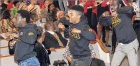  ?? James Franco / Special to the Times Union ?? Members of the Alpha Phi Alpha fraternity dance during the Greek Day Stroll at the Metropolit­an New Testament Baptist Church in Albany on Sunday, Nov. 17, 2019.