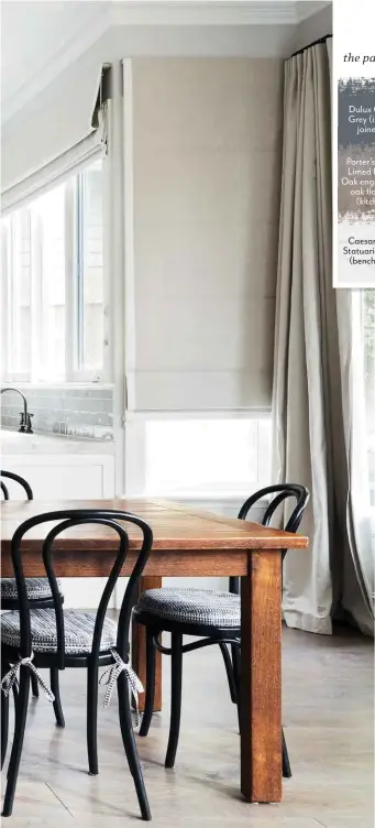  ??  ?? KITCHEN “I’ve always enjoyed cooking,” says Jessica. “This is a beautiful space, and I can keep my eye on the kids while I get dinner ready.” As in other parts of the house, the vintage character of the ceilings was recreated with Contempora­ry Cove cornice from F Vitale & Sons. Benchtops in Caesarston­e Statuario Nuvo. Splashback in Dove Grey subway tiles, Earp Bros. Thonet ‘No18’ chairs and stools; seatpads are Westbury Textiles ‘Mombasa’ linen-cotton in Indigo. Circa Lighting ‘Eugene’ pendants, Laura Kincade.