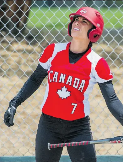  ?? RIC ERNST/PNG ?? Jenn Salling, a rocket-armed shortstop from Port Coquitlam, is back with the national team at the Canadian Open Fastpitch Internatio­nal tournament at Softball City.