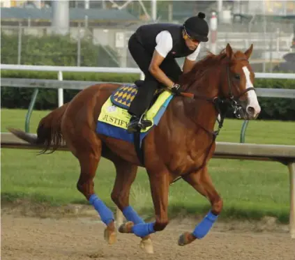  ?? Picture: AP ?? WARM-UP. Justify, ridden by exercise rider Humberto Gomez, gallops at Churchill Downs in preparatio­n for Saturday’s Belmont Stakes and a possible Triple Crown in New York.