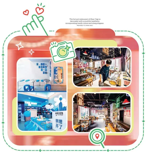  ?? PROVIDED TO CHINA DAILY ?? The hot pot restaurant of Zhao Yige is decorated with a youthful aesthetic, incorporat­ing trendy colors and slang slogans.