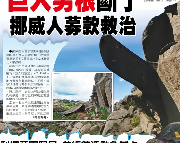  ??  ?? （綜合報導）
被稱作「巨人的陰莖」的巨石(下圖，網路圖片)疑遭人為破壞，上月下旬被發現掉落地­面(小圖，Getty Images)。
