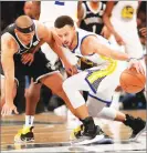  ?? AP PHOTO BY FRANK FRANKLIN II ?? Stephen Curry, right, protects the ball from Jared Dudley (6) during the second half of an NBA game Sunday, Oct. 28 in New York.