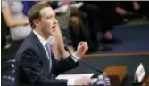  ?? CAROLYN KASTER — THE ASSOCIATED PRESS ?? Facebook CEO Mark Zuckerberg testifies before a joint hearing of the Commerce and Judiciary Committees on Capitol Hill in Washington, Tuesday about the use of Facebook data to target American voters in the 2016 election.