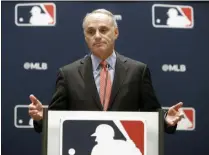  ?? LM OTERO - THE ASSOCIATED PRESS ?? Baseball commission­er Rob Manfred speaks to the media at the owners meeting in Arlington, Texas. Major League Baseball rejected the players’ offer for a 114-game regular season in the pandemic-delayed season with no additional salary cuts and told the union it did not plan to make a counter-proposal.