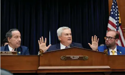  ?? ?? The chairman of the House oversight committee, James Comer, presides over the impeachmen­t inquiry. Photograph: Drew Angerer/Getty Images