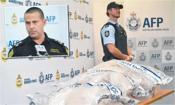  ?? Picture: AAP IMAGE ?? Australian Border Force Investigat­ions Acting Commander Garry Low, inset, announces the seizure of $57 million worth of MDMA in Sydney.