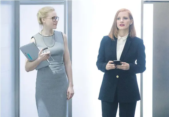  ?? — EUROPA ?? The cast, including Alison Pill, left, and Jessica Chastain, are so good in Miss Sloane that any plot holes can be overlooked.