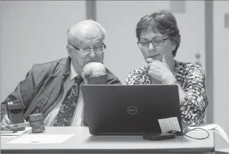  ?? MITCH MACDONALD/THE GUARDIAN ?? Montague Mayor Richard Collins and clerk of the council Jill Walsh look over the IRAC recommenda­tion for Three Rivers amalgamati­on on Monday night.