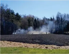  ?? BILD: RÄDDNINGST­JÄNSTEN ?? Ett vittne, som först sett ett rökmoln över träden, berättar att ”hela åkern” stod i lågor och att två män på plats försökte släcka elden med hjälp av en vattenslan­g och hinkar.