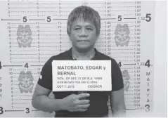  ?? PNP-PIO ?? Police take a mug shot of self-confessed hit man Edgar Matobato in Camp Crame, in this Oct. 6, 2016 photo.