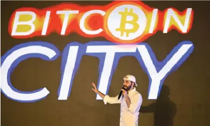 ?? Photograph: Marvin Recinos/AFP/Getty Images ?? Nayib Bukele, president of El Salvador, at the closing ceremony of the Latin Bitcoin conference (LaBitConf) in November 2021.