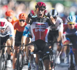  ?? Picture: GETTY ?? STAGE WIN: Australian Caleb Ewan roars with delight after claiming victory on stage three of the Tour de France from Nice to Sisteron.