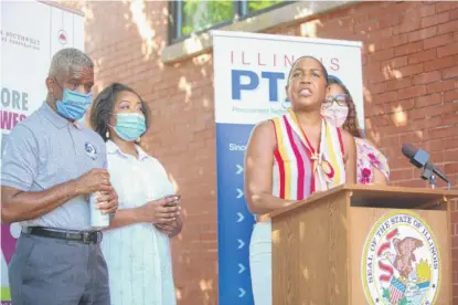  ?? ANTHONY VAZQUEZ/SUN-TIMES PHOTOS ?? Lt. Gov. Juliana Stratton speaks about the creation of two new Procuremen­t Technical Assistance Centers, one based at the Greater Southwest Developmen­t Corporatio­n, 2601 W. 63rd St., where Stratton and others spoke Monday.