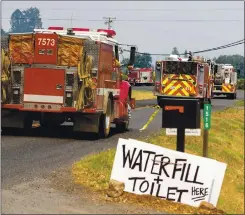  ??  ?? A sign posted by a resident offers relief to passing firefighte­rs on Westside Road in Healdsburg.