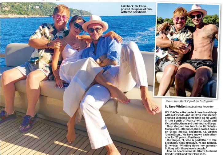  ??  ?? Laid back: Sir Elton posted this pose of him with the Beckhams Fun times: Becks’ post on Instagram