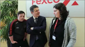  ??  ?? Finance Minister Paschal Donohoe chats with Fexco Supplies Ambassador Cathal Griffin and Fexco Canteen operator Sharon O’Sullivan at the Fintech Next launch.