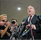  ?? ZACH GIBSON/GETTY ?? U.S. Secretary of State Mike Pompeo speaks to the news media after briefing the Senate on Wednesday in Washington.