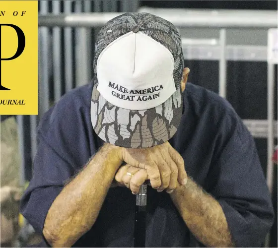  ?? EVAN VUCCI / THE ASSOCIATED PRESS ?? A supporter of Republican presidenti­al candidate Donald Trump awaits his arrival at a rally Thursday in Delaware, Ohio. Trump did nothing in his final televised encounter with Hillary Clinton to appeal to undecided voters, Michael Den Tandt writes.