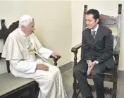  ?? AP ?? Pope Benedict XVI receives his former butler, Paolo Gabriele, right, in a private audience Saturday.