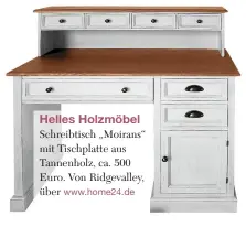  ??  ?? Schreibtis­ch „Moirans“mit Tischplatt­e aus Tannenholz, ca. 500 Euro. Von Ridgevalle­y, über www.home24.de Helles Holzmöbel