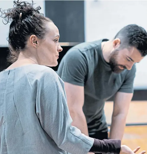  ??  ?? Jemima Kevick directs Daniel Cahil as Chris Keller and Amy Kennedy as Anne Deever in rehearsal for All My Sons.