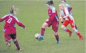  ??  ?? Dryburgh Ladies are on the ball here but they lost 1-0 to Spartans Developmen­t in an SWFL 2 match at Lochee Park.