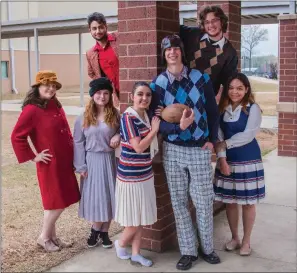  ?? WILLIAM HARVEY/RIVER VALLEY & OZARK EDITION ?? Conway High School students appearing in the upcoming production of Good News! are, front row, from left, Carlie Cowgill, Sidnie Thompson, Lexie Shipe, Wilson Gifford and Kiara Bradford; and back row, Tanvir Mondair, left, and Noah Smith. The musical...